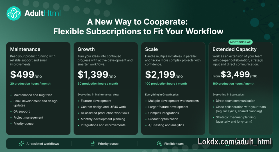 📌 New Service Model: Flexible Development Subscriptions  📌

To give clients more flexibility in how they work with us, we’ve added Flexible Development Subscriptions to our collaboration options. Starting from $499/mo , this flexible cooperation model gives you instant access to a cross-functional team (UI/UX designers, developers, QA specialists, and PMs) executing your task backlog via a high-priority queue, with AI-assisted workflows for maximum efficiency. 

💎 Key Benefits of the Collaboration Model:

▫️ Fixed Monthly Plan & Full Control: Transparent subscription pricing with complete freedom to manage and reprioritize tasks within your chosen plan.  
▫️ Cross-Functional Team in One Plan: Access UI/UX design, development, and QA testing under a single subscription, with project management included for free without spending your plan’s hours. 
▫️ Priority Queue & AI-Assisted Workflows: Fast-tracked execution with priority over non-subscription projects, paired with AI assisted development approach to speed up delivery and get more tasks done in less time. 
▫️ Turnkey Execution: Our team handles project management and keeps things moving, so you don’t have to micromanage the process. 
▫️ Instant Strategic Pivoting: Seamlessly redirect team focus across development, design, or QA as your product priorities change and evolve.

🎯 Who Benefits Most from This Model?

▫️ Teams and product owners launching or scaling digital services who need extra hands to bring ideas to life and deliver tasks on schedule. 
▫️ Teams with evolving priorities that require flexible capacity across design, development and testing.
▫️ Anyone looking for a reliable partner to handle task execution end-to-end without the overhead of hiring or managing multiple vendors.

⚙️ Need More Capacity or a Different Setup?

The subscription plan can be tailored to your needs, including the number of production hours and the mix of specialists involved.

Along with this new subscription model, we continue to offer project-based development and dedicated team extension. We can adapt our approach to whichever model best fits your goals and workflow.

📩 Get Started Today:

Have a project in mind? Reach out to us for a no obligation evaluation. Whether you want to test our new subscription model or stick with traditional engagement formats, we’ll help you choose the most cost-effective approach for your goals.

📩 Email: adulthtml@gmail.com                                                                
✈️ Telegram: @kate_adulthtml           
💬 Teams: adulthtml@gmail.com         
🌐 Site/portfolio: adult-html.com